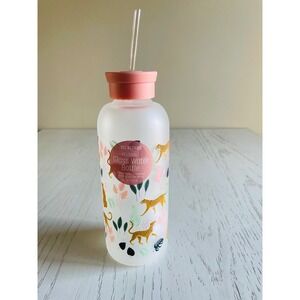 OCS Designs Glass Water Bottle Frosted Cheetah Print Pink Straw Lid  25oz